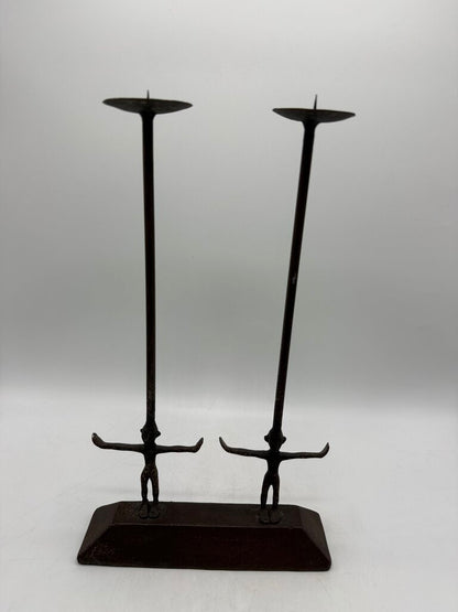 Twin Figure Hand Forge Wrought Iron Candle Holder 12.5” Tall /rw