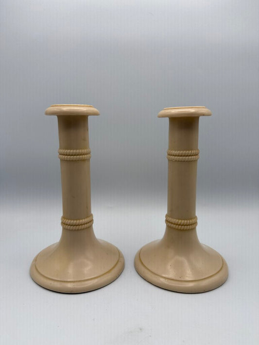 Antique set of 2 Celluloid Ivory Column Candlestick Holders 7” /ro