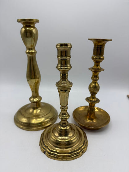 VTG Set of 3 Brass Assorted Candlestick Holders 8”-10” Tall /rw