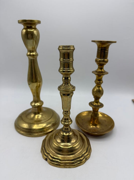 VTG Set of 3 Brass Assorted Candlestick Holders 8”-10” Tall /rw