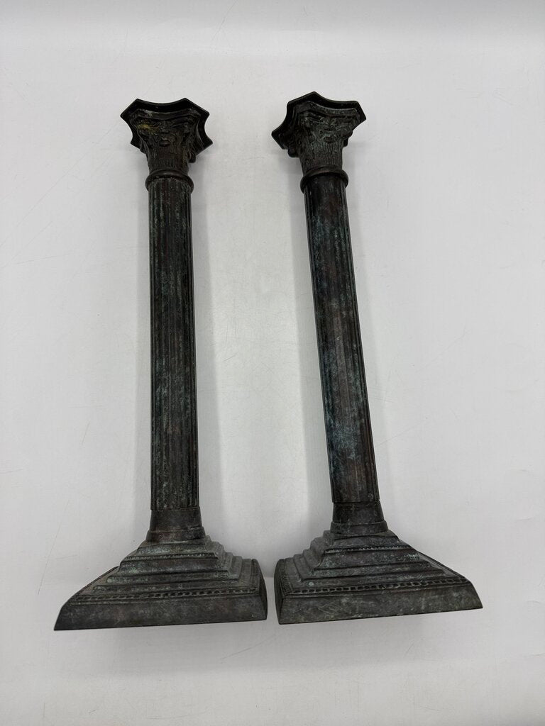 VTG Bronze Corinthian Column Candlestick Holders 13” tall /rw