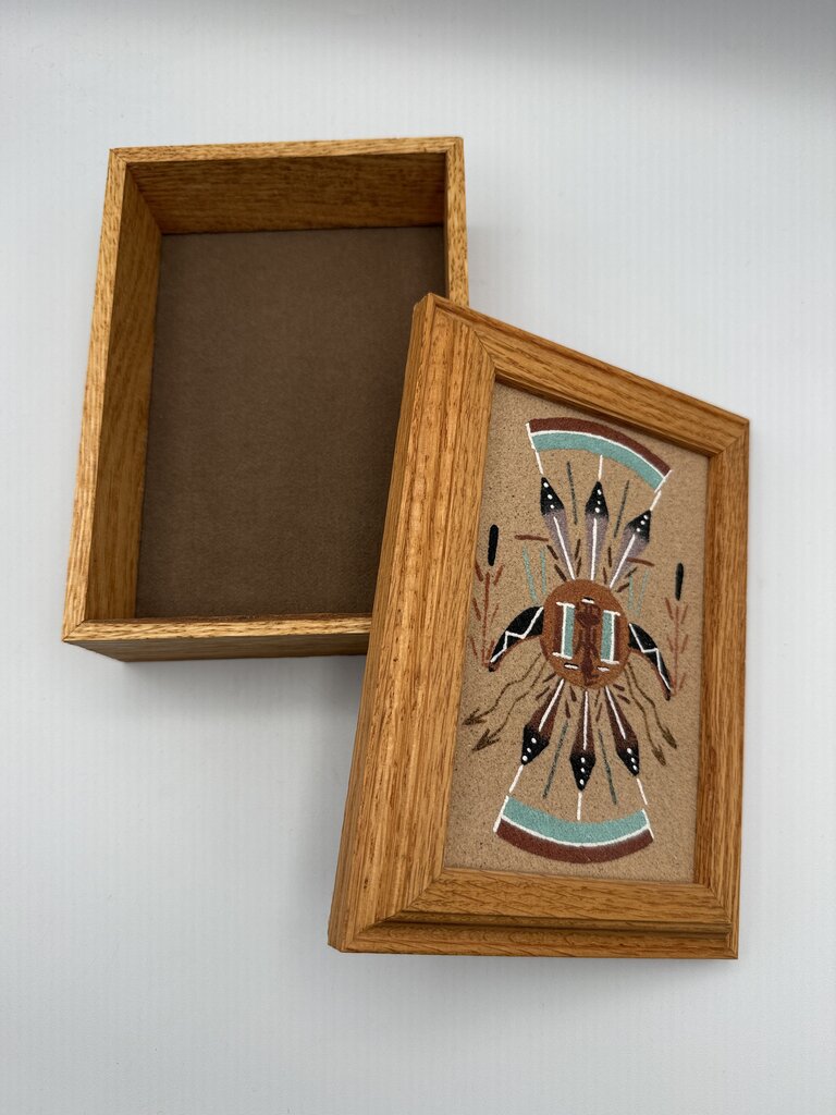Authentic Navajo Sandpainting Oak Trinket Box Pollen Boy Signed by artist /ro