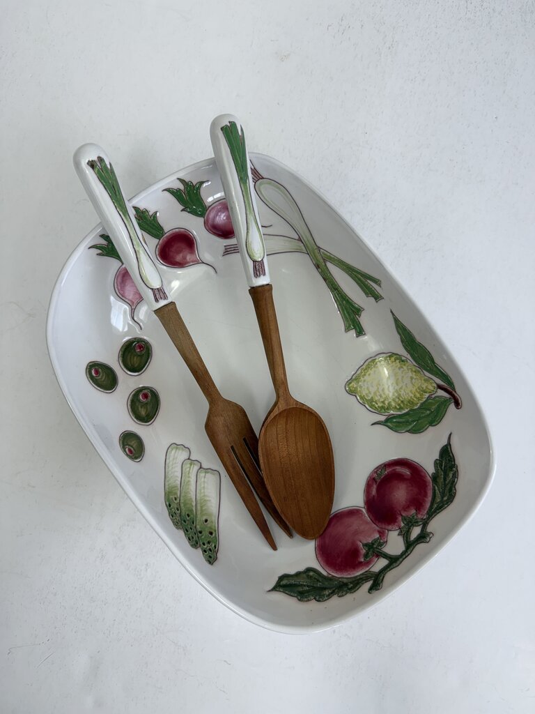 Italian Stoneware Handpainted Salad Bowl and Tongs Veggie Theme /rb