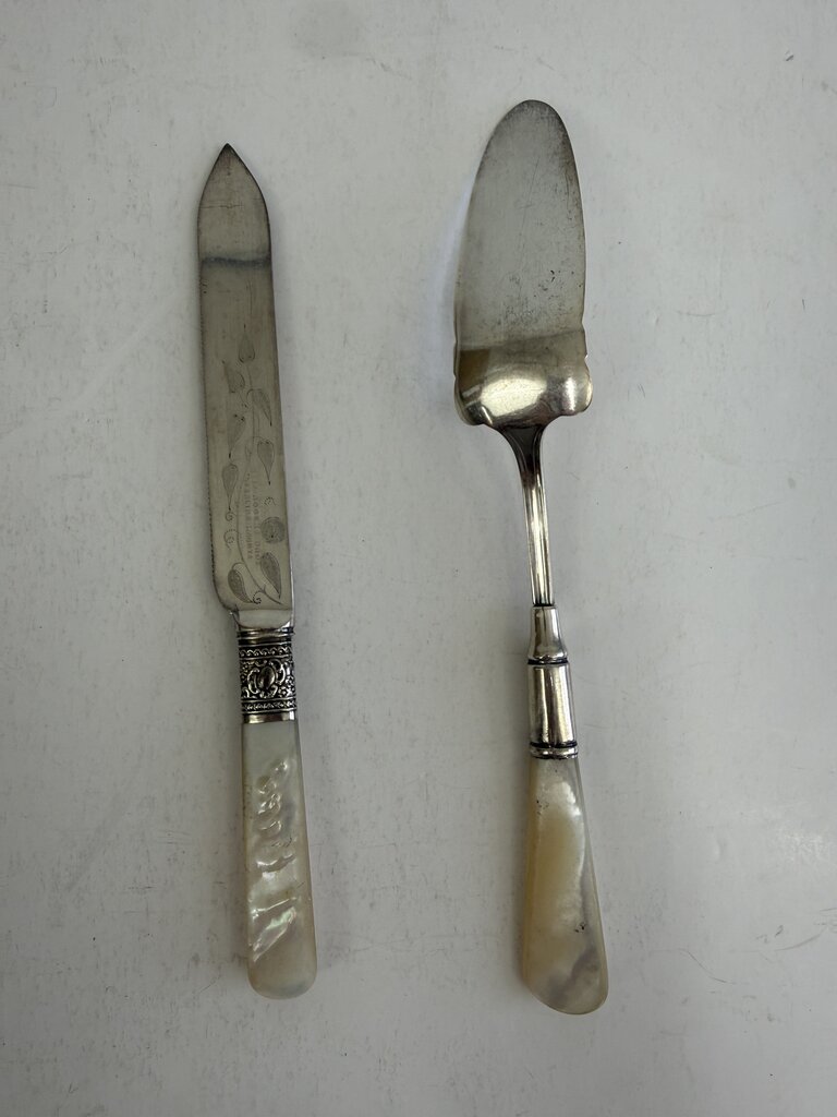 Antique Mother of Pearl Handel Serving Pieces Sterling Collars /ro