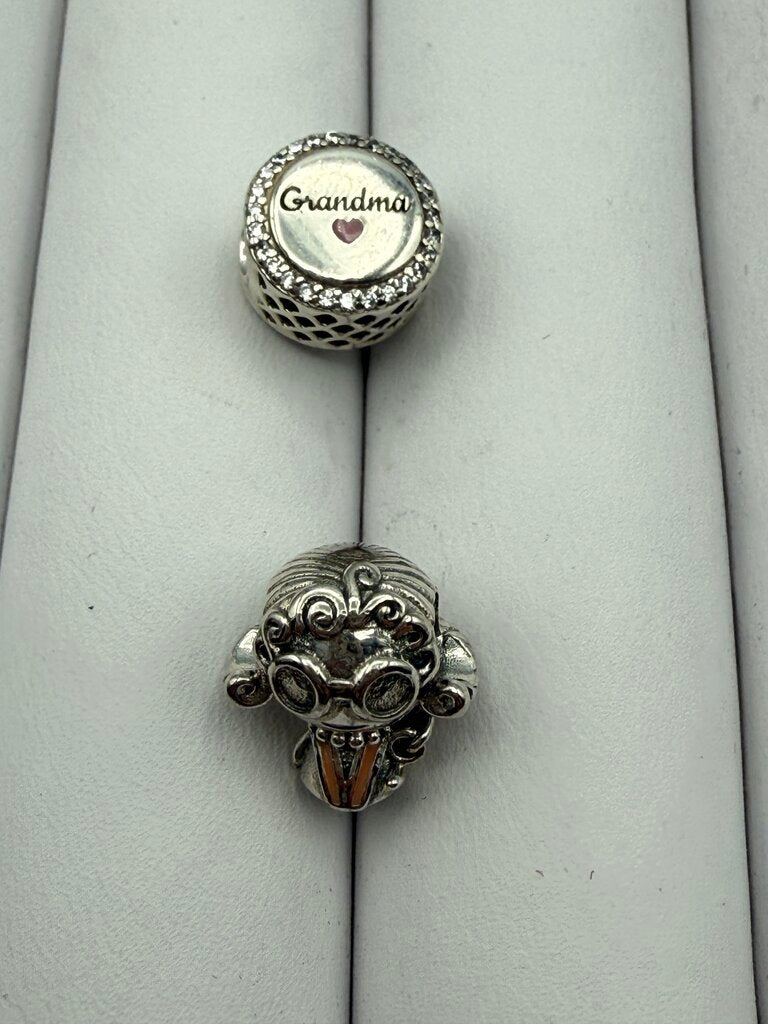 Pandora Sterling Silver Charms Mrs. Wise, Grandma /ro