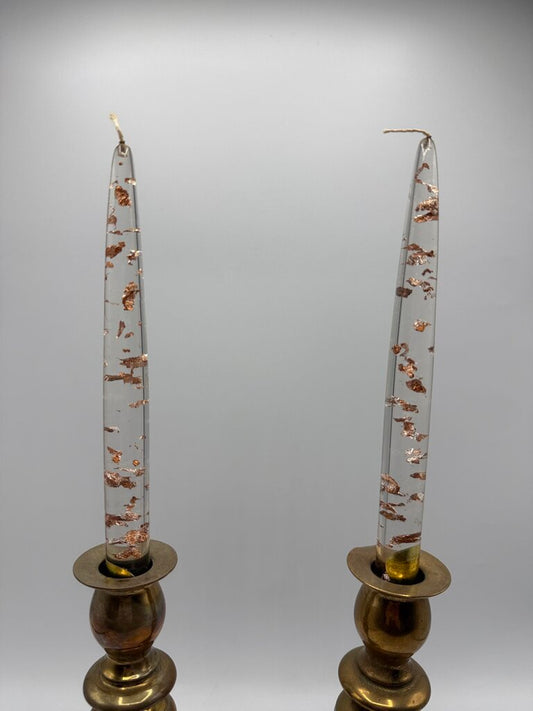 VTG Gregorian Copper Clear Lucite Copper Flake Candle Sticks 8” Pair /ro