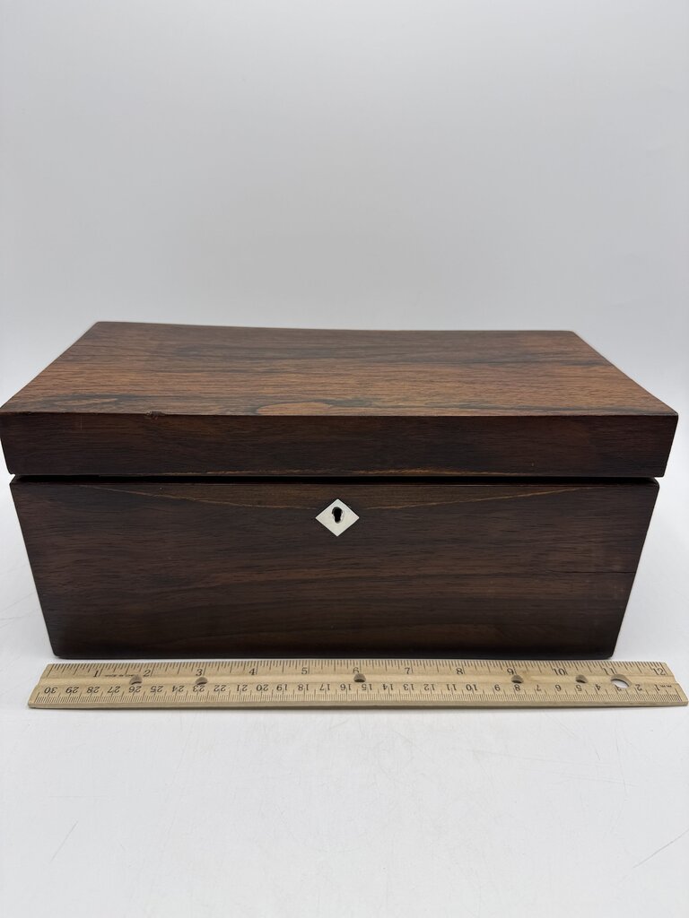 Antique Wood Tea Caddy Box 3 Section w/Glass Mixing Bowl /ro