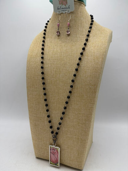 Bel Monili Vintage Reborn Pink Tulip Pendant Necklace w/ Pink Pierced earrings /ro