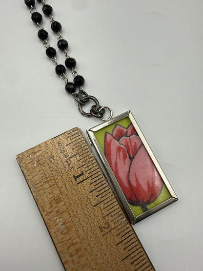 Bel Monili Vintage Reborn Pink Tulip Pendant Necklace w/ Pink Pierced earrings /ro
