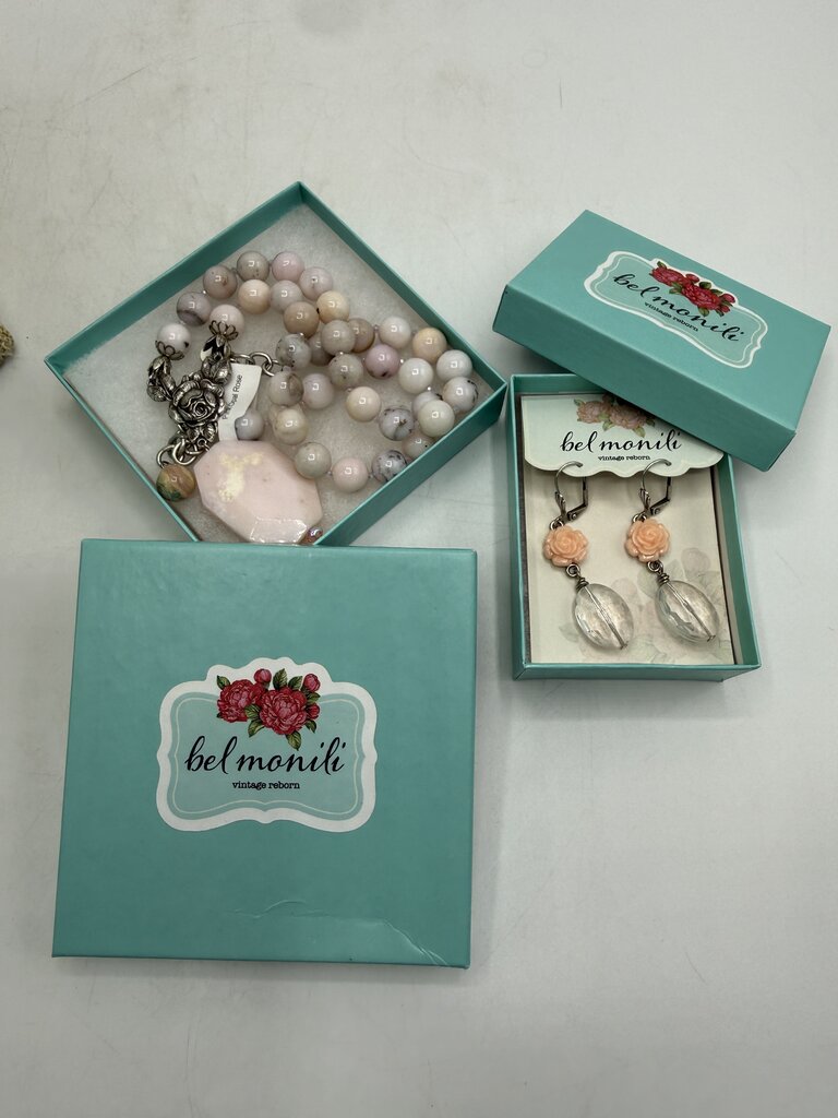 Bel Monili Vintage Reborn Pink Opal Rose Necklace Pierced Earrings /ro