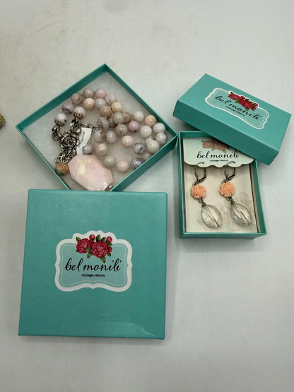 Bel Monili Vintage Reborn Pink Opal Rose Necklace Pierced Earrings /ro