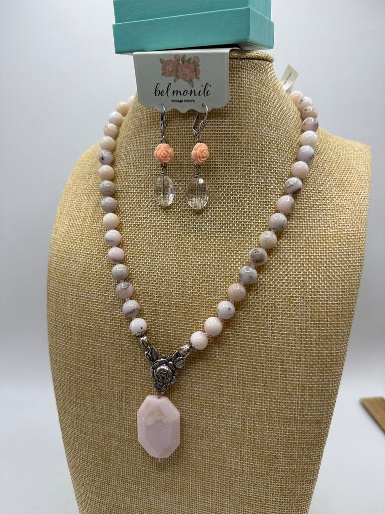 Bel Monili Vintage Reborn Pink Opal Rose Necklace Pierced Earrings /ro