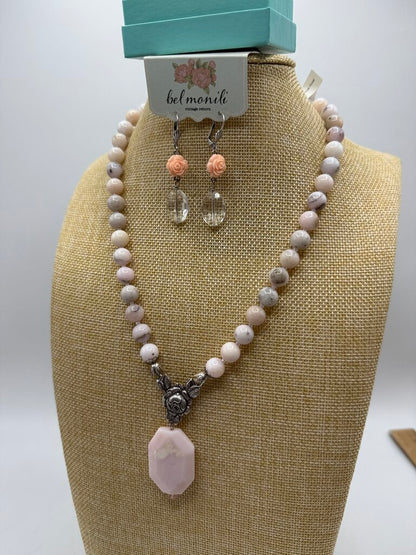 Bel Monili Vintage Reborn Pink Opal Rose Necklace Pierced Earrings /ro