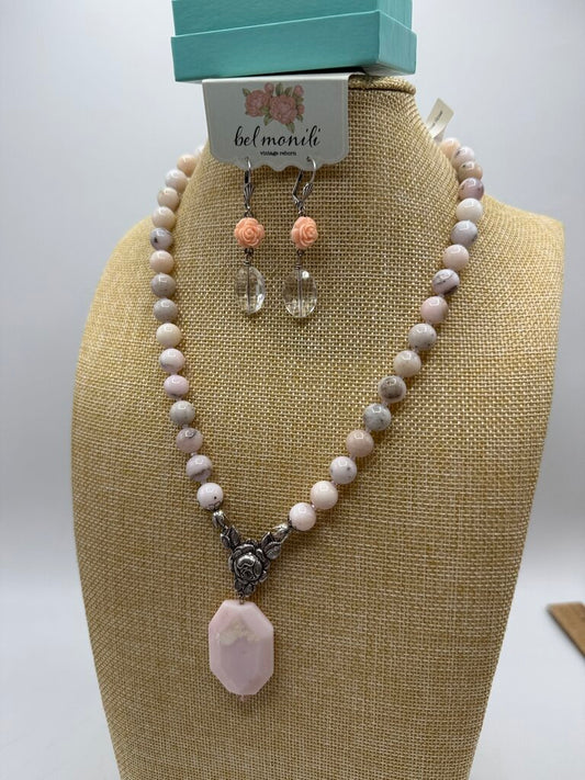 Bel Monili Vintage Reborn Pink Opal Rose Necklace Pierced Earrings /ro