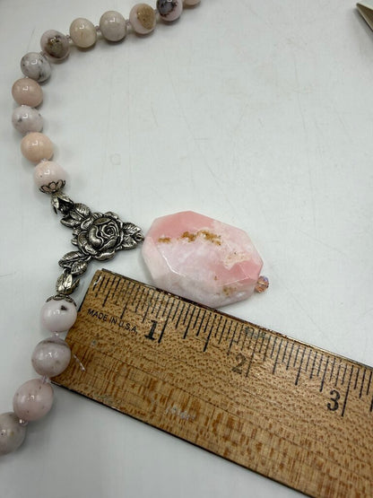 Bel Monili Vintage Reborn Pink Opal Rose Necklace Pierced Earrings /ro
