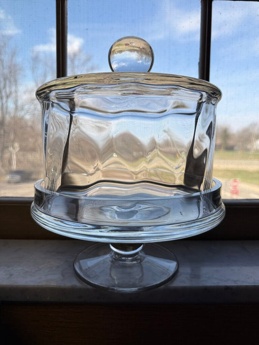 Heavy Clear Swirled Glass Pedestal Cheese/Pastry Dome 8” dia Lid Footed /rw