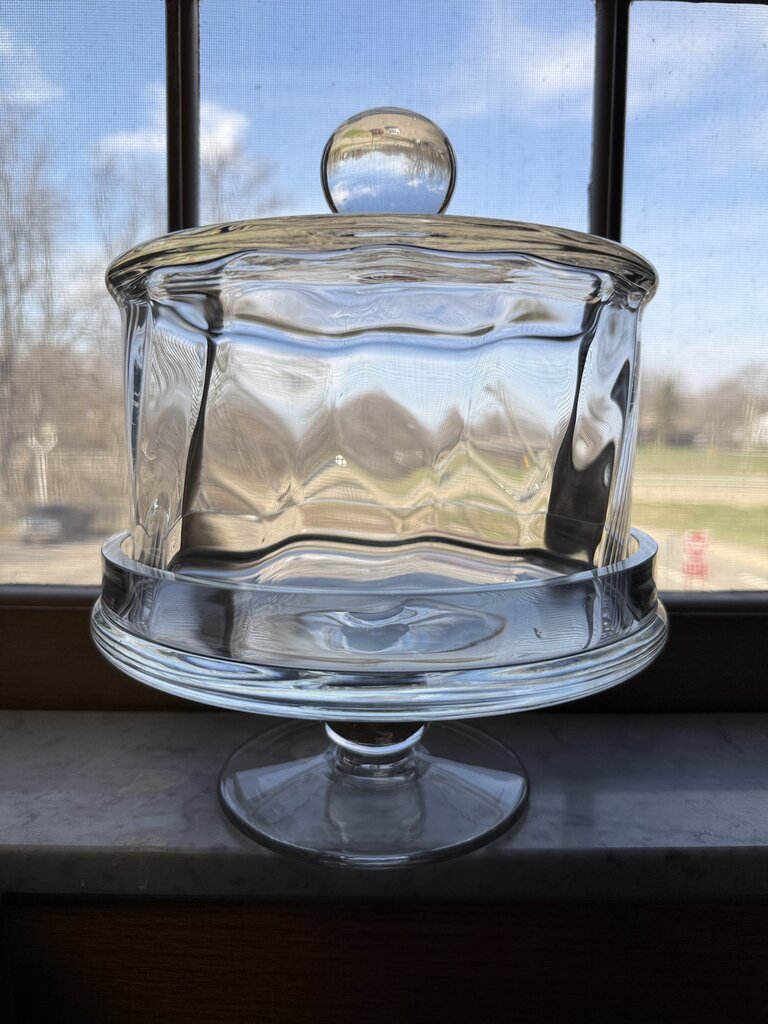 Heavy Clear Swirled Glass Pedestal Cheese/Pastry Dome 8” dia Lid Footed /rw