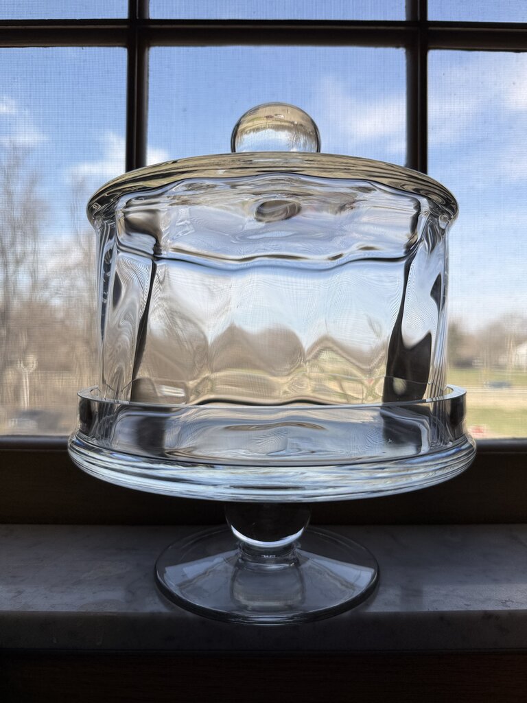 Heavy Clear Swirled Glass Pedestal Cheese/Pastry Dome 8” dia Lid Footed /rw