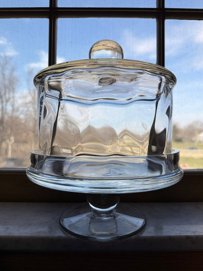 Heavy Clear Swirled Glass Pedestal Cheese/Pastry Dome 8” dia Lid Footed /rw