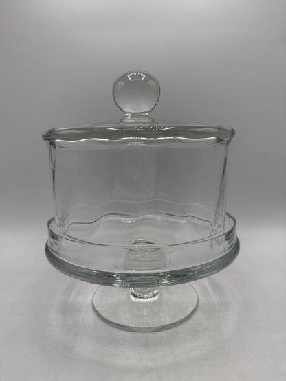 Heavy Clear Swirled Glass Pedestal Cheese/Pastry Dome 8” dia Lid Footed /rw