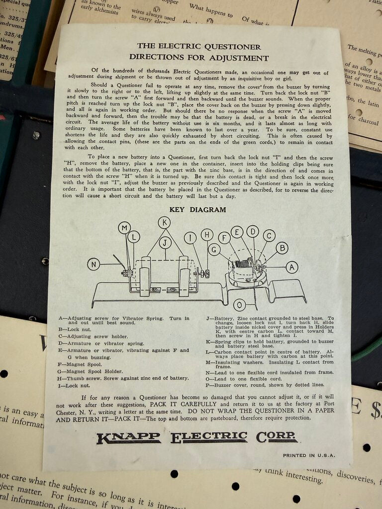 Vintage Knapp Electric Questioner No. 325 Quiz Game /rb