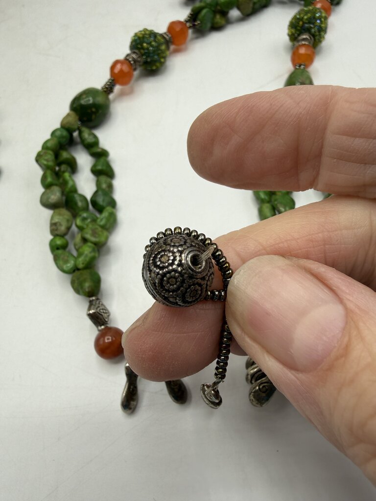 Chunky Green & Amber Stone Necklace w/Pierced Earrings /ro