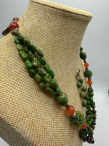 Chunky Green & Amber Stone Necklace w/Pierced Earrings /ro