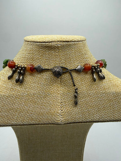 Chunky Green & Amber Stone Necklace w/Pierced Earrings /ro