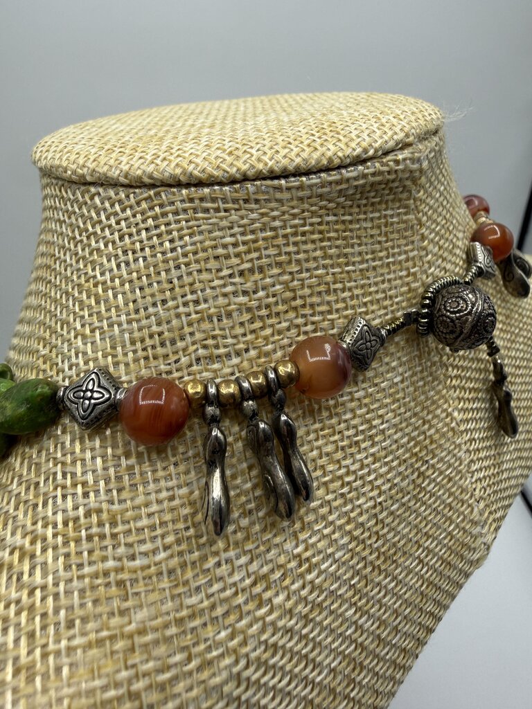 Chunky Green & Amber Stone Necklace w/Pierced Earrings /ro