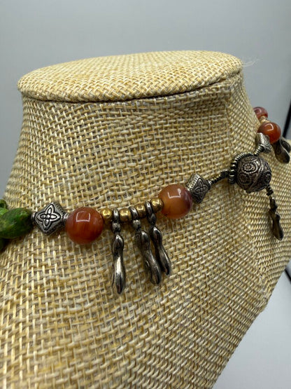 Chunky Green & Amber Stone Necklace w/Pierced Earrings /ro