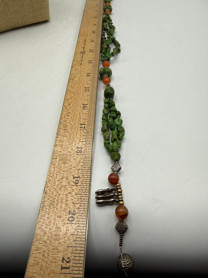 Chunky Green & Amber Stone Necklace w/Pierced Earrings /ro