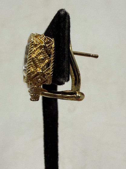 Judith Ripka Earrings Gold over Sterling CZ Asscher Cut Omega Backs /ro
