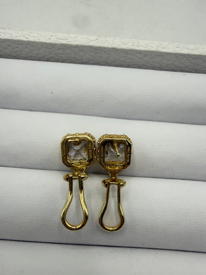 Judith Ripka Earrings Gold over Sterling CZ Asscher Cut Omega Backs /ro