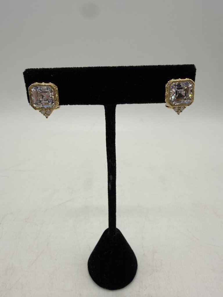 Judith Ripka Earrings Gold over Sterling CZ Asscher Cut Omega Backs /ro