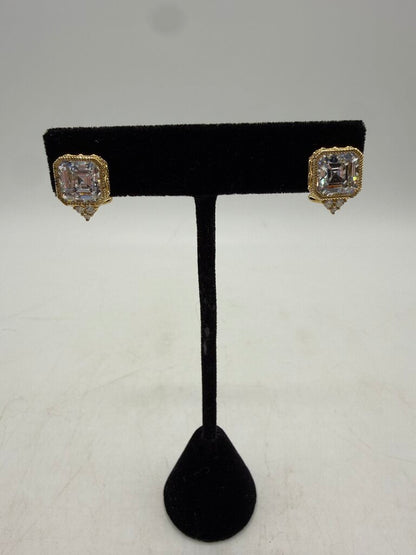 Judith Ripka Earrings Gold over Sterling CZ Asscher Cut Omega Backs /ro