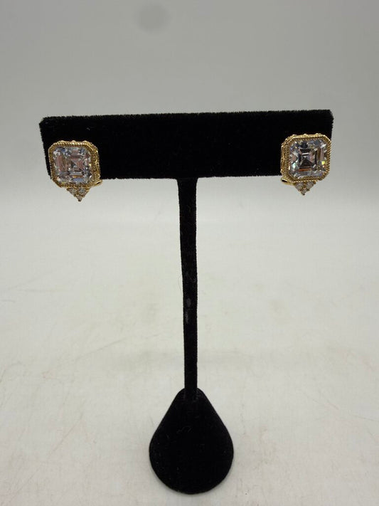 Judith Ripka Earrings Gold over Sterling CZ Asscher Cut Omega Backs /ro