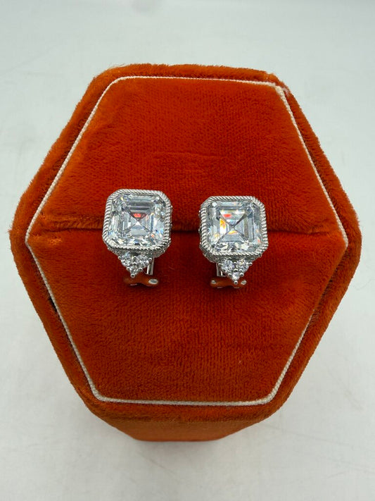 Judith Ripka Sterling Pierced Earrings CZ Asscher Cut Omega Back /ro
