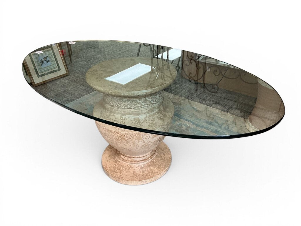 Large Oval Glass Top w/ Pedestal Base Dining Table