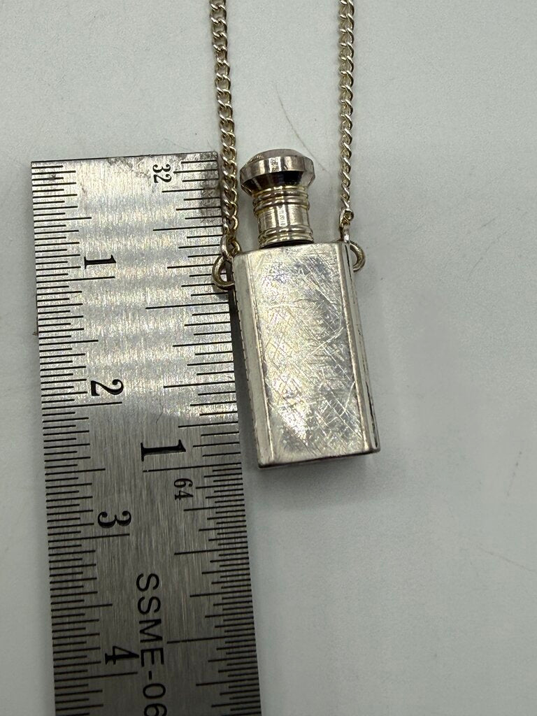 Vintage Small Scent Bottle Pendant Perfume Dauber 24” Silver Tone Chain Unmarked /ro