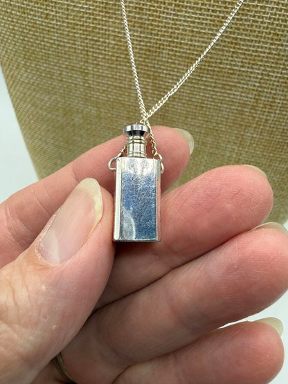 Vintage Small Scent Bottle Pendant Perfume Dauber 24” Silver Tone Chain Unmarked /ro