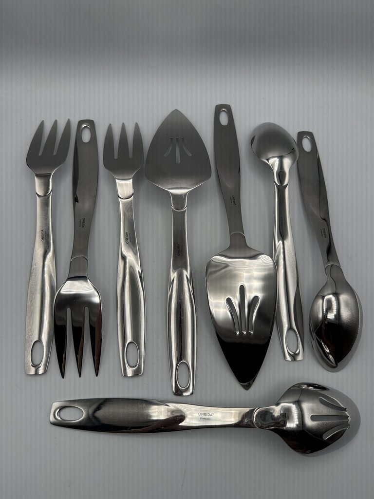 Oneida set of 8 Serving Pieces Stainless Fork Spoon Pie Servers Slotted ends /ro