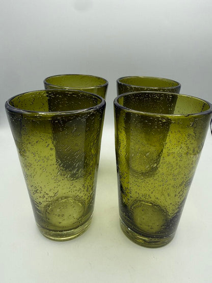 Avocado Green Blown Bubble Glass 16oz.Tumbers set of 4 /rw