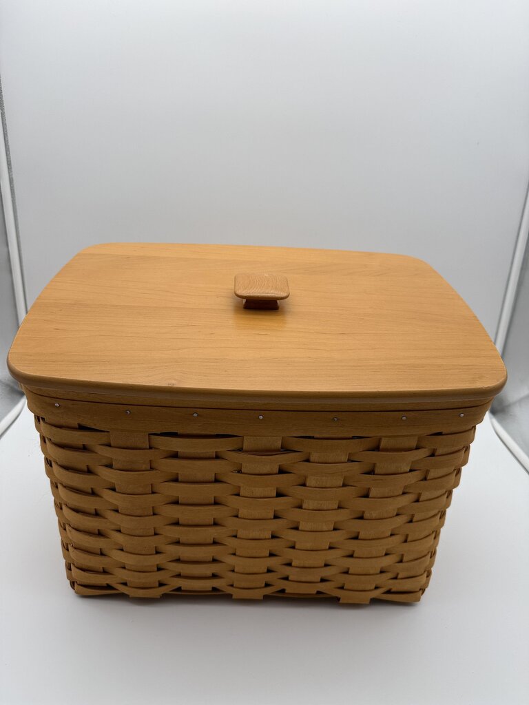 2000 Longaberger Newspaper & Magazine Basket Slant Back Wood Lid /rw
