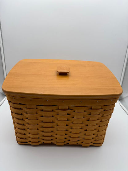 2000 Longaberger Newspaper & Magazine Basket Slant Back Wood Lid /rw