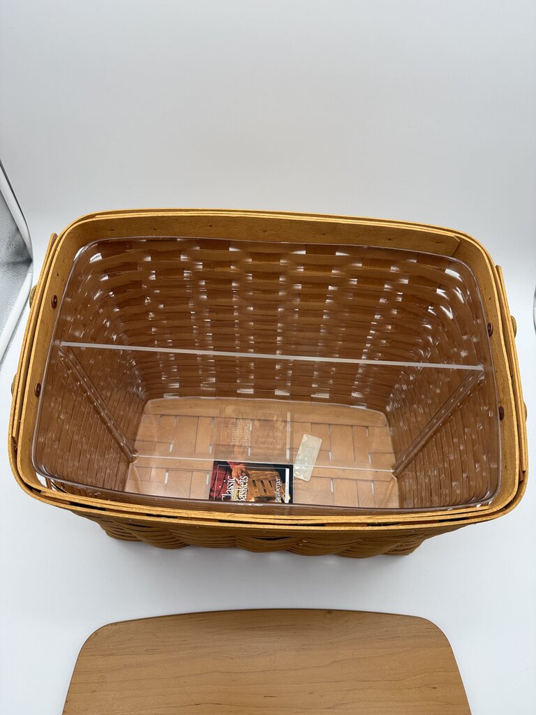 2000 Longaberger Newspaper & Magazine Basket Slant Back Wood Lid /rw