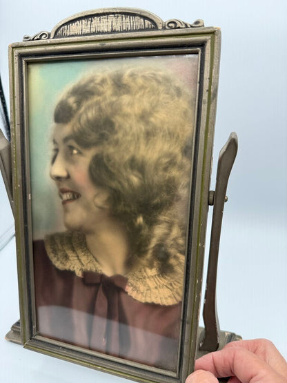 Antique Art Deco Table Top Swivel Frame W/hand colored Lady Portrait /ro