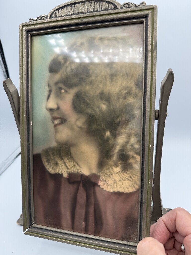 Antique Art Deco Table Top Swivel Frame W/hand colored Lady Portrait /ro