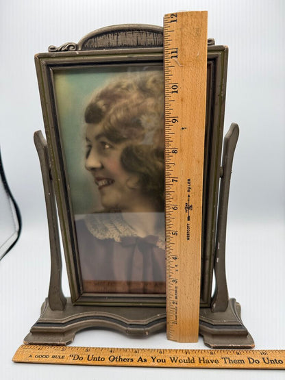 Antique Art Deco Table Top Swivel Frame W/hand colored Lady Portrait /ro