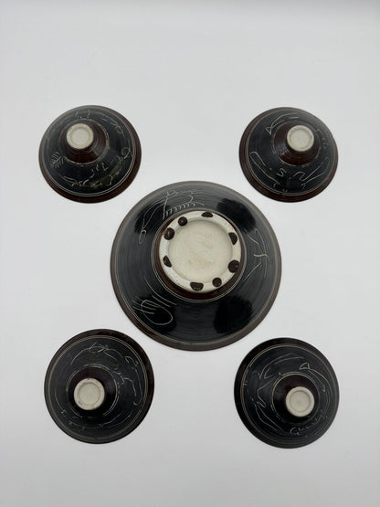 Five Piece Serving Set Chinese Asian Rice Bowl Black/Brown Glaze /rw