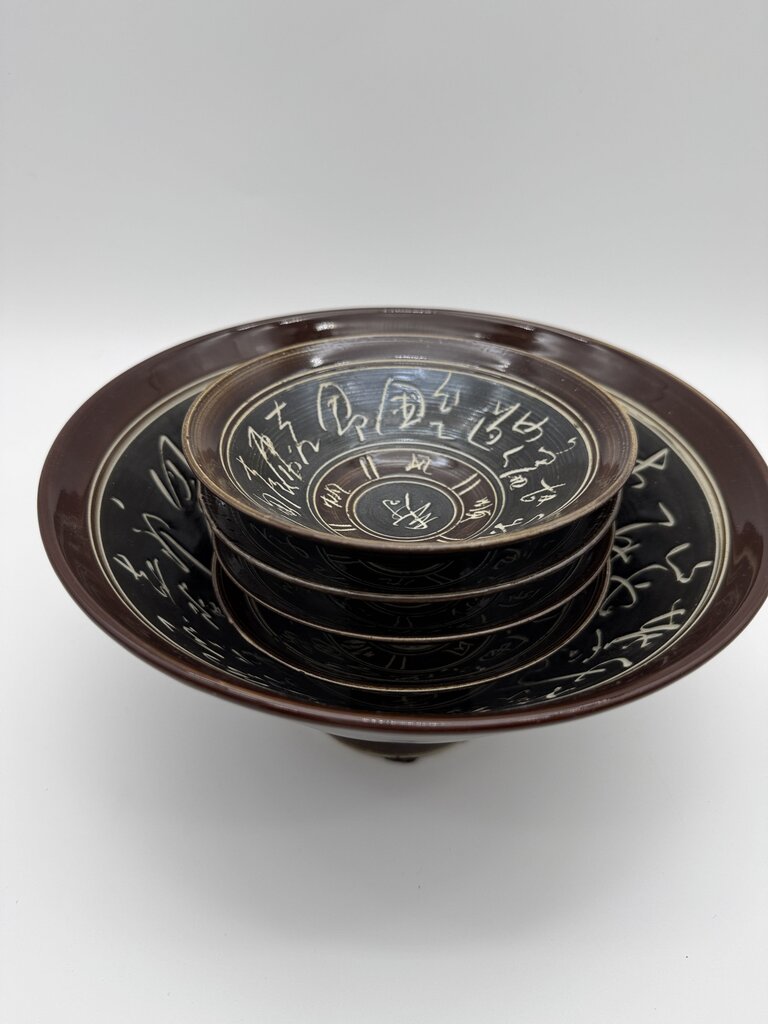 Five Piece Serving Set Chinese Asian Rice Bowl Black/Brown Glaze /rw